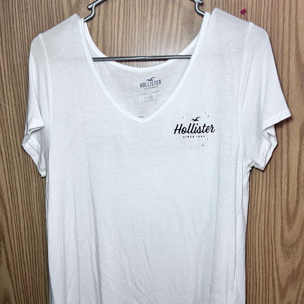 Hollister White V-Neck Logo Tee with Navy Script